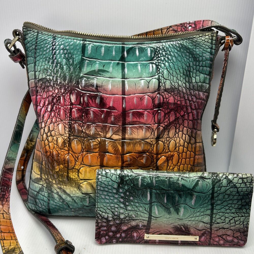 Brahmin Luau Melbourne Leather Shoulder Bag + Matching Wallet Set Palm Trees